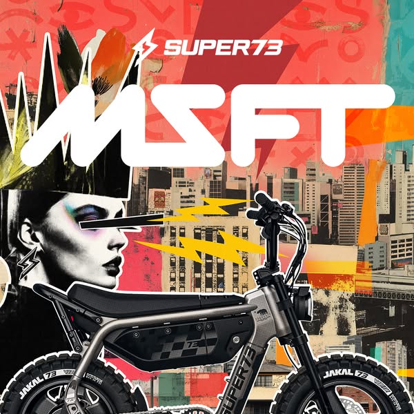 This ad features a SUPER73 e-bike in a collage-style image with urban and artistic elements.