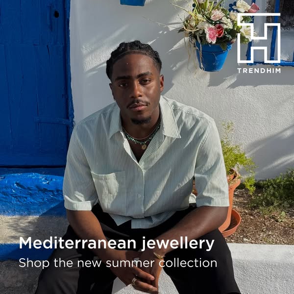 This image ad for Trendhim features a man wearing a necklace from their Mediterranean jewelry summer collection. The ad 