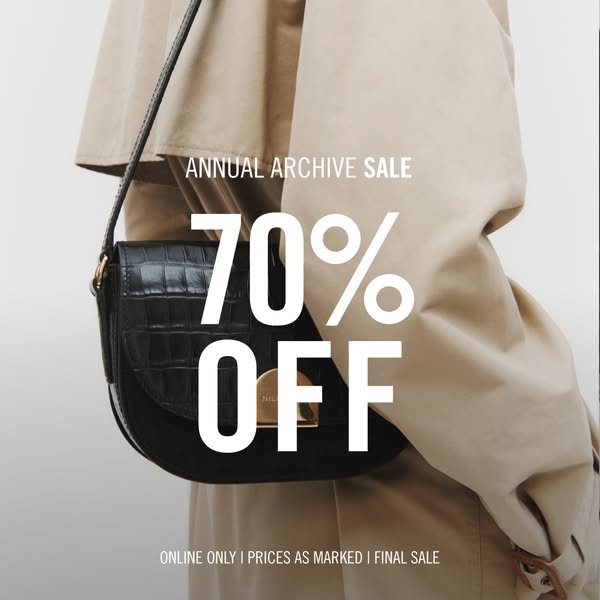 This image ad shows a black purse hanging on a person's shoulder advertising a sale for 70% off. The ad is letting t