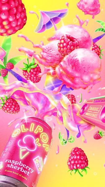 This ad for Olipop's Raspberry Sherbet soda features a can of the soda surrounded by a fantastical, colorful, and il
