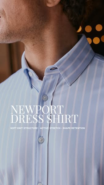This ad highlights the key features of the Newport Dress Shirt: a soft knit structure, active stretch, and shape retenti