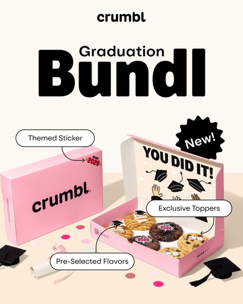 This ad promotes Crumbl's Graduation Bundl, which includes pre-selected cookies with exclusive graduation-themed top