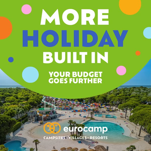 This image ad for Eurocamp promotes the idea of getting more holiday for your money. It features an aerial view of a Eur