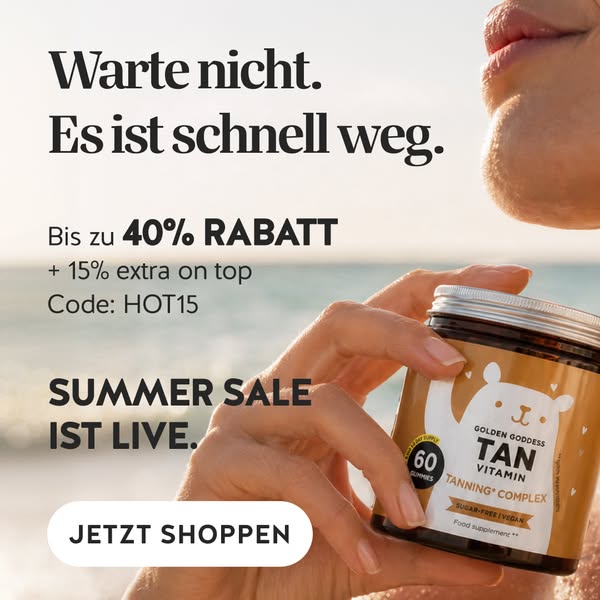 The image ad promotes Golden Goddess Tan Vitamin Gummies, advertising a summer sale with up to 40% off plus an additiona