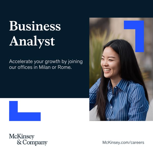 This image ad is for McKinsey & Company, advertising a Business Analyst position in their Milan or Rome offices. The