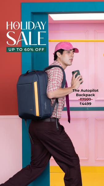 This ad features a man walking through a doorway wearing a backpack. The ad promotes a holiday sale of up to 60% off.