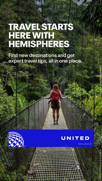 This ad for United Airlines promotes travel with Hemispheres magazine, encouraging viewers to find new destinations and 