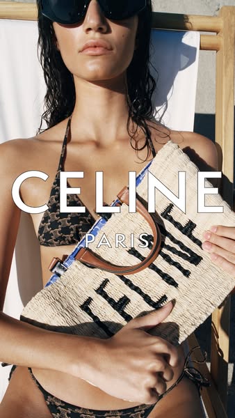 This image ad showcases a Celine handbag in a beach setting, worn by a model in a Celine bikini and sunglasses. The ad e