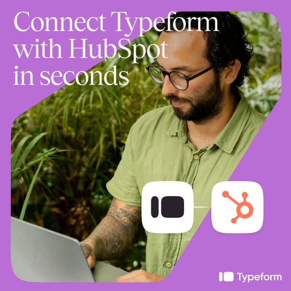 This image ad promotes Typeform's integration with HubSpot, highlighting the ease and speed of connecting the two pl