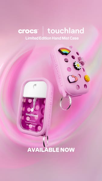 This ad showcases the Crocs x Touchland limited edition hand mist case. The ad features the product against a pink backg
