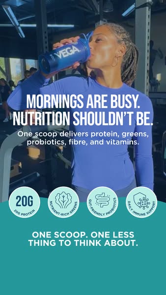 This ad for Vega protein powder highlights the pain point of busy mornings and offers the powder as a simple solution to