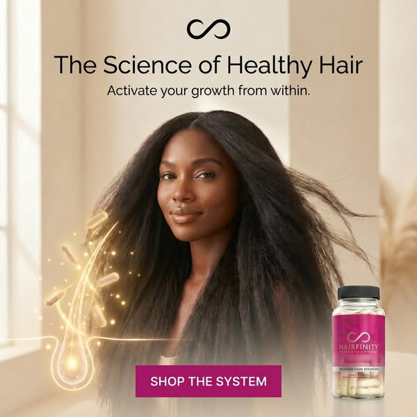 This image ad promotes Hairfinity vitamins for healthy hair. It features a woman with long, healthy-looking hair, along 