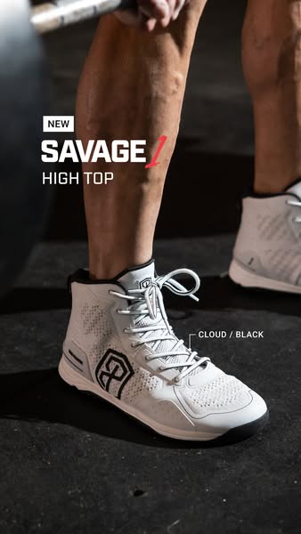 This image ad features the Savage 1 high top shoe. The image focuses on a close-up shot of the shoe being worn while wei