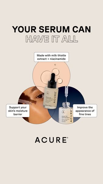 This ad for Acure serum highlights the product's key ingredients and benefits, positioning it as an all-in-one solut