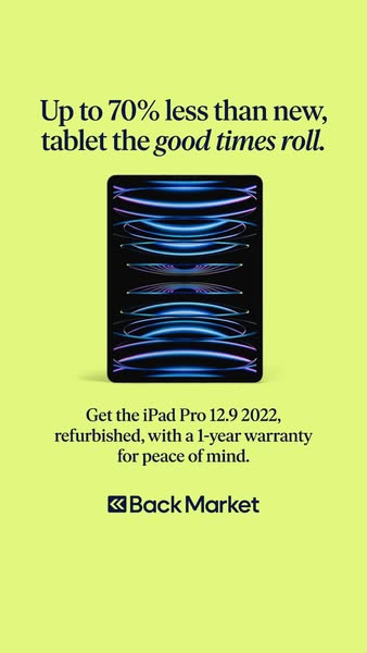 This ad for Back Market promotes refurbished iPad Pro 12.9 2022 models. The ad highlights the cost savings of buying ref