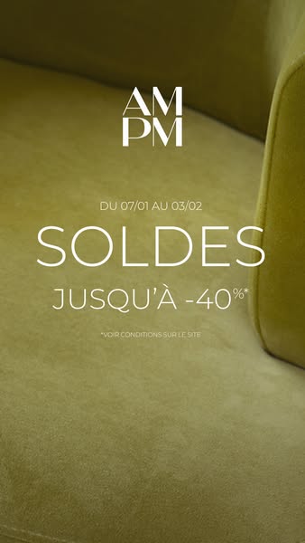 Image ad promoting a sale from AM PM, offering up to 40% off. The ad shows a close-up of a green velvet sofa with sale d