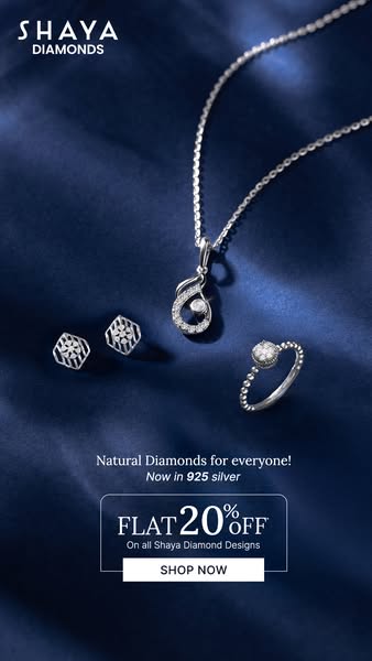 The ad features jewelry products from Shaya Diamonds in 925 silver, with a flat 20% off all Shaya Diamond Designs. The a