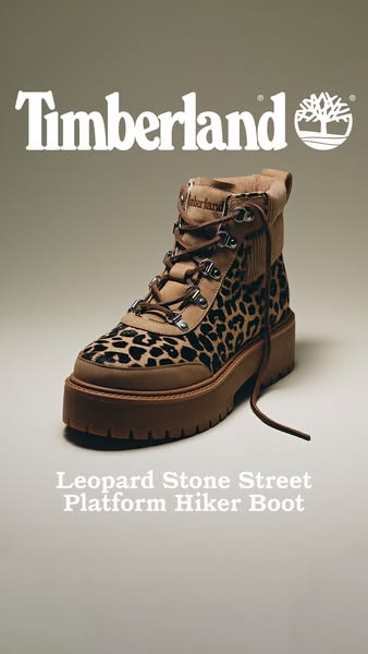 This ad showcases the Timberland Leopard Stone Street Platform Hiker Boot.