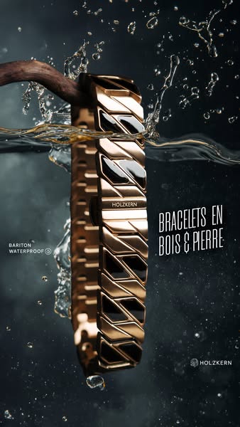 This ad features a close up shot of a HolzKern bracelet partially submerged in water, highlighting its waterproof featur