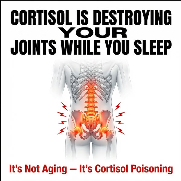 The image is trying to communicate the pain point of cortisol destroying your joints while you sleep. It says that it