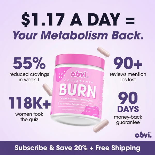 This ad for Obvi collagenic burn supplement focuses on the benefits of the product, namely its ability to reduce craving