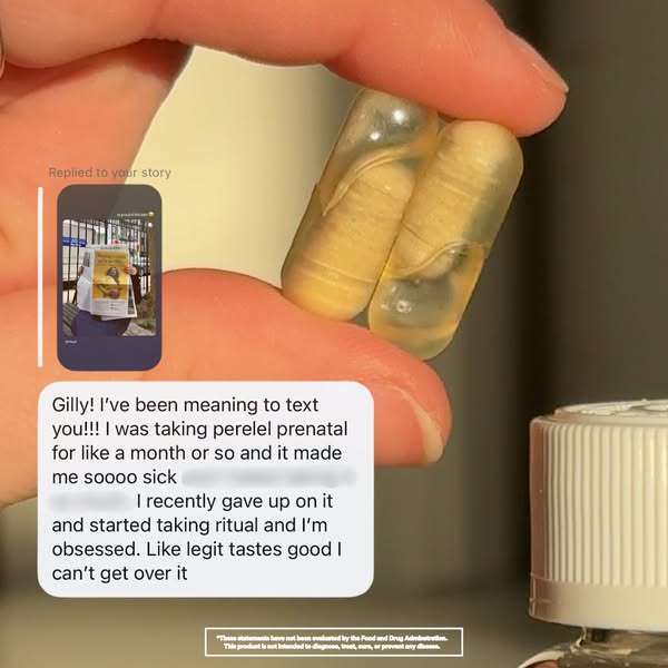 This ad features a customer testimonial about switching from Perelel prenatal vitamins to Ritual vitamins. The testimoni