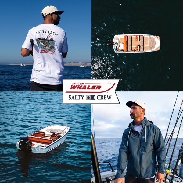 This ad for Boston Whaler features four images. The images include people wearing Salty Crew shirts and jackets and Bost