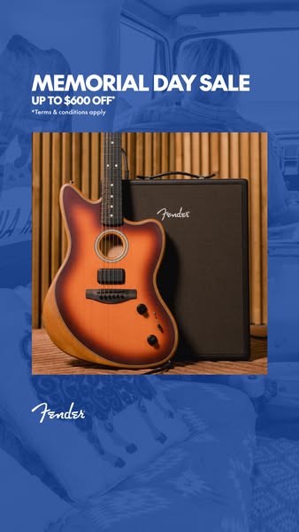 This image ad for Fender promotes a Memorial Day sale with savings of up to $600 off. The ad features an acoustic guitar