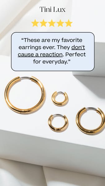 The ad features the brand Tini Lux which sells earrings. The ad features a positive customer review of the brand's e