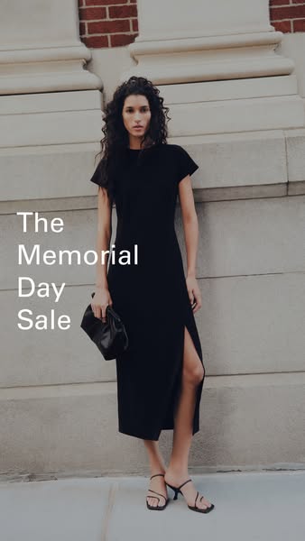 This ad features a woman modeling a simple black dress with a side slit in front of a classical-style building. The ad i