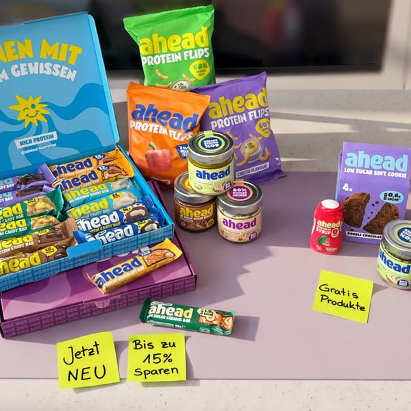 This image ad showcases a variety of products from the Ahead brand, including protein flips, low sugar soft cookies, sug