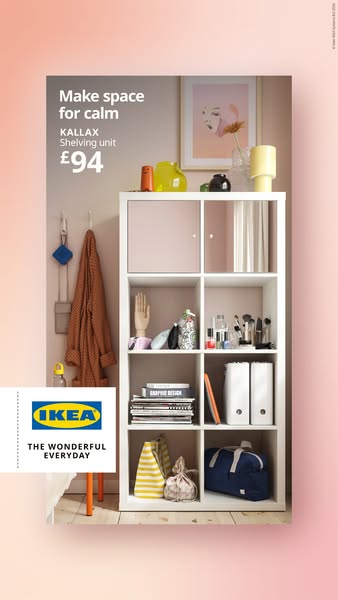 This ad for IKEA features a white KALLAX shelving unit with various items displayed on the shelves. The ad promotes the 