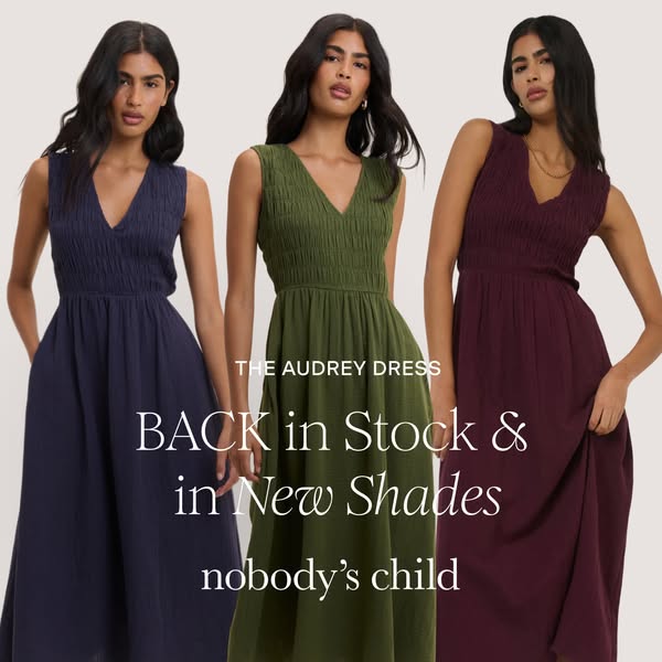 This ad features three models wearing the Audrey Dress in different colors. It highlights the dress being back in stock 