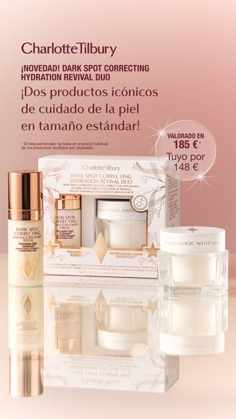 The ad showcases Charlotte Tilbury's Dark Spot Correcting Hydration Revival Duo. It highlights the product's com