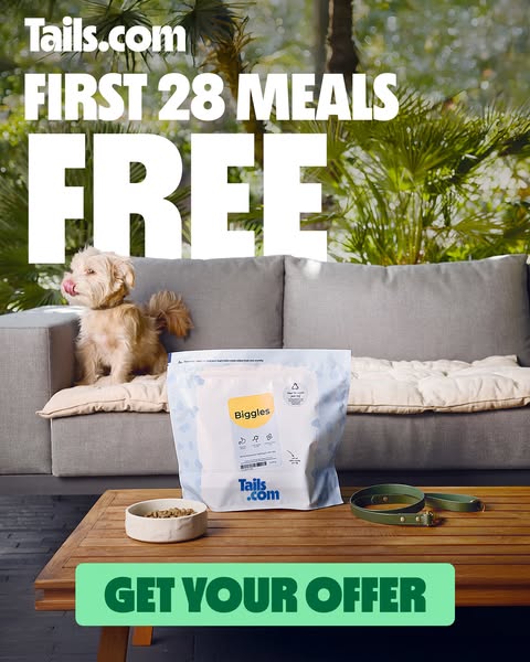 This ad for Tails.com features a dog sitting on a couch next to a bag of dog food. The ad promotes an offer for the firs