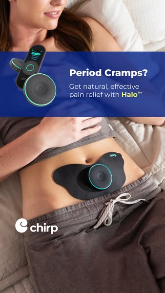 The image ad promotes Halo™ by Chirp, a solution for period cramp relief. It features an image of a woman in bed using t