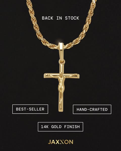 This image ad showcases a gold cross pendant necklace from JAXXON, emphasizing its best-selling and hand-crafted nature,