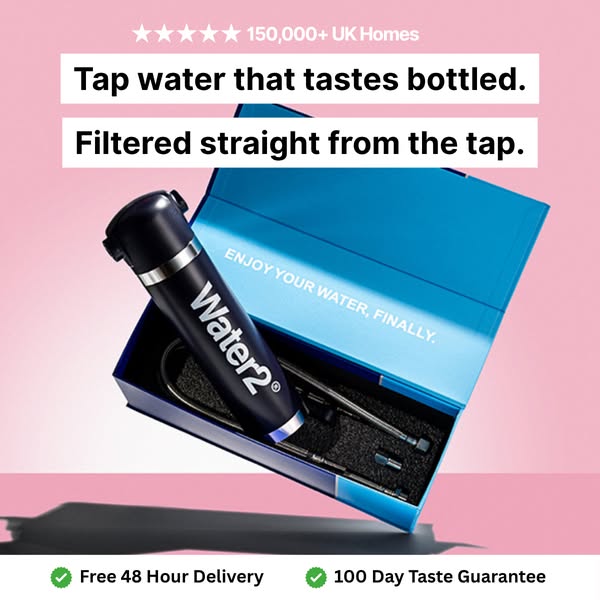 This ad showcases the Water2 product inside of its packaging. It highlights that the product filters tap water to taste 