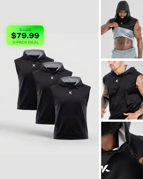 This Meta ad features a collection of three black, hooded workout vests. There are also images of a man wearing the work