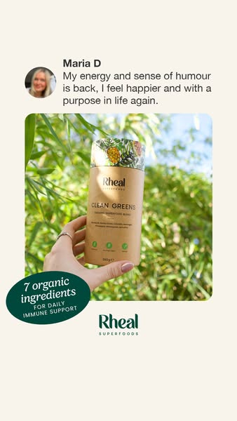 This ad features a customer testimonial for Rheal Superfoods Clean Greens, an organic superfood blend designed to improv