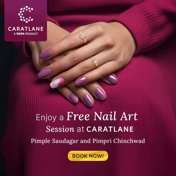 This image ad by CaratLane promotes a free nail art session at their Pimple Saudagar and Pimpri Chinchwad locations. The