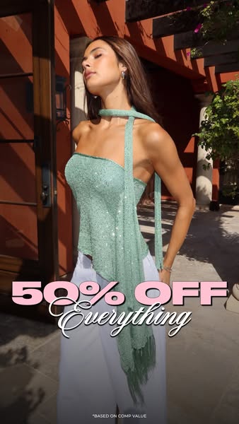 This image ad promotes a flash sale of 50% off of everything. The ad features a model wearing a blue sequin top and skir