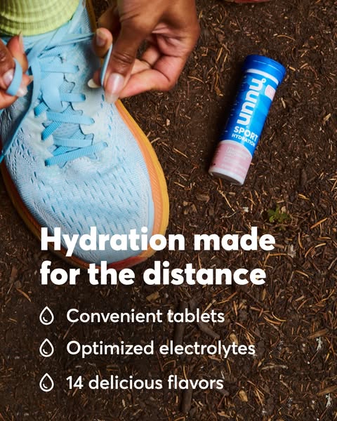This ad for Nuun promotes its sport hydration tablets. The ad shows a first-person view of a runner about to tie their s