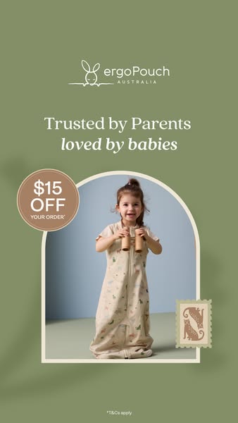 This image ad for ergoPouch features a young child wearing an ergoPouch sleepsuit and promotes a \$15 discount on the cu