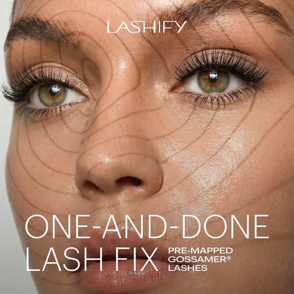 An ad for Lashify Lash Fix that features a close up of a woman's face with lashes applied. Text that reads "ONE