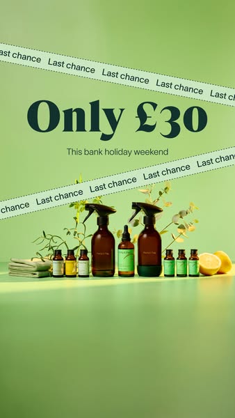 The image is advertising a set of cleaning products that are on sale for a limited time, "This bank holiday weekend