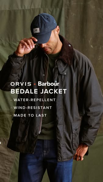 This ad showcases the Orvis + Barbour Bedale Jacket, highlighting its water-repellent, wind-resistant, and durable quali