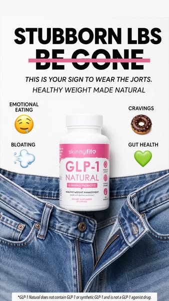 Image ad for Skinny Fit GLP-1 Natural weight loss supplement, which suggests the consumer can wear the Jorts, and that t