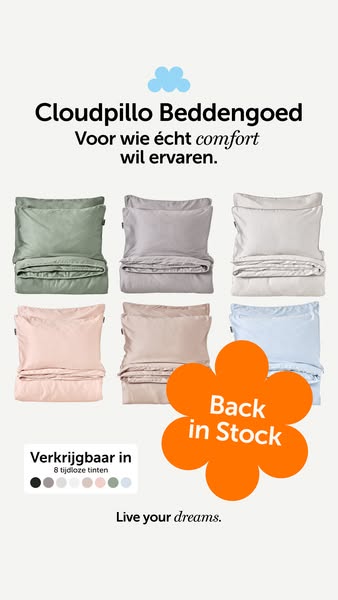 This ad for Cloudpillo Beddengoed showcases the brand's bedding sets in a variety of colors. The ad highlights the c