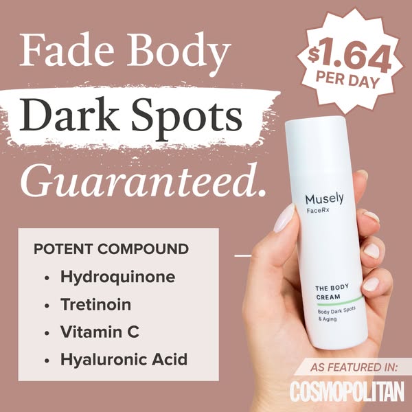 This ad promotes Musely's FaceRx The Body Cream, which fades body dark spots. It highlights the potent compounds in 